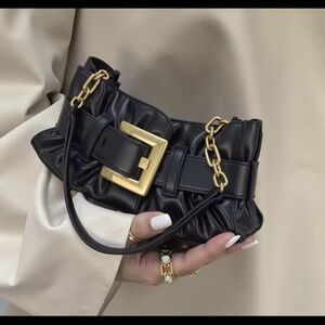 Black Leather Handbag with Gold Chain crossbody